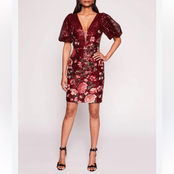 Marchesa Notte Burgundy Sequin Floral Embroidered Cocktail Mini Dress Size 4 NWT - Picture 2 of 16